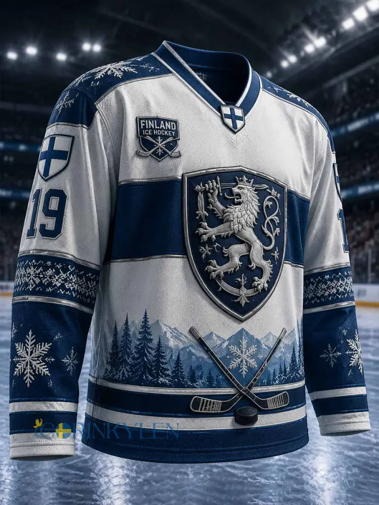 Mäns Vintage Finland Ishockey Tryckt lång ärm T-shirt - som bild / S
