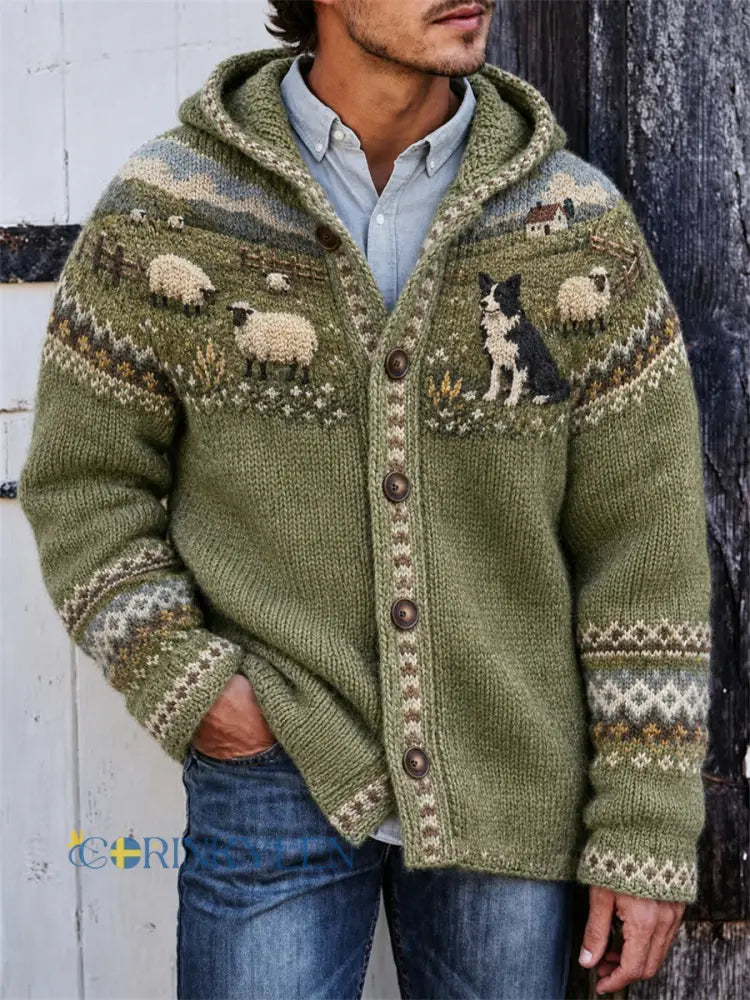 Mäns Vintage gård gräns Collie & Får joke Isle Print Huvvittad cardigan - grönt / S