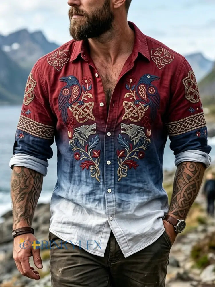 Mäns Vintage Gradient Print Casual Långärm skjjorta - som bild / S