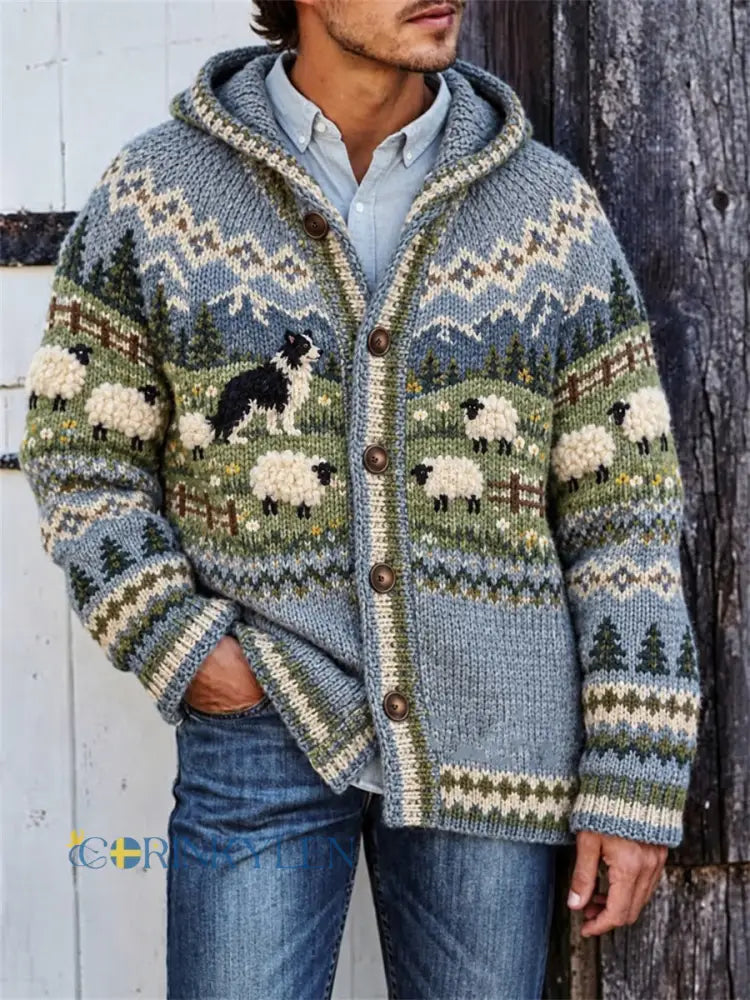 Mäns Vintage gräns Collie & Får landskap Isle Skriv ut mysig huvad - blå / S