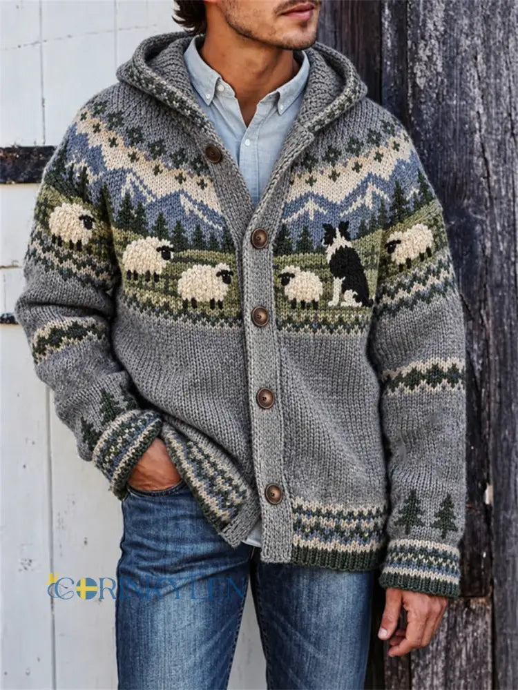 Mäns Vintage gräns Collie & Fuzzy Får landskap Isle Print Huvad cardigan - grå / S