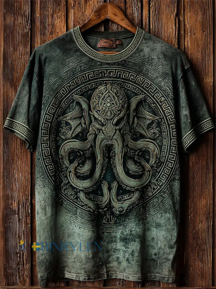 Mäns Vintage Great Old One Cthulu Totem Skriv ut korta ärmar t-shirt - grönt / S