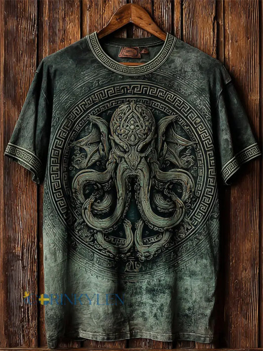 Mäns Vintage Great Old One Cthulu Totem Skriv ut korta ärmar t-shirt - grönt / S