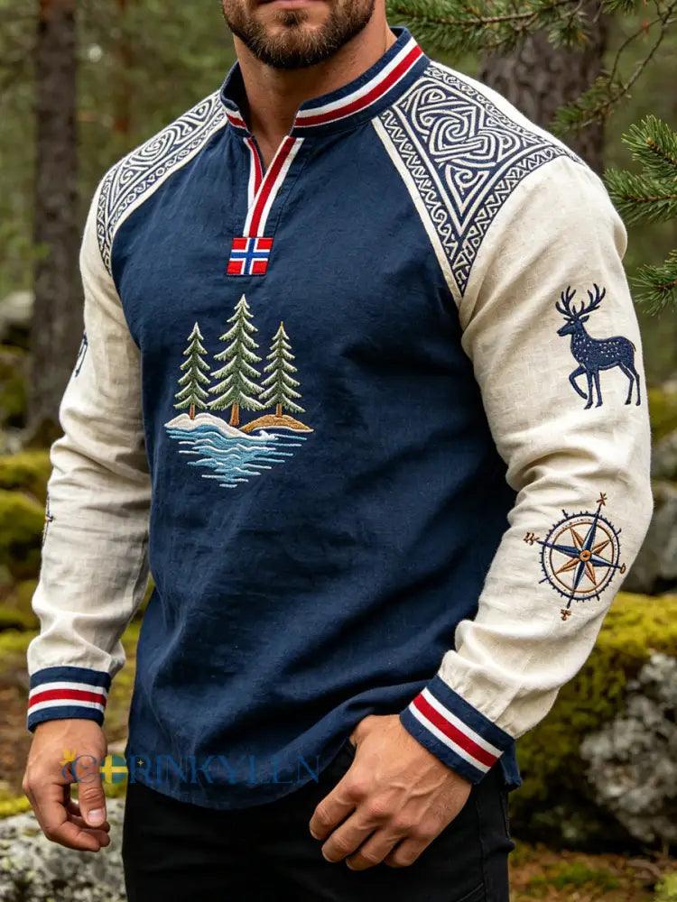 Mäns Vintage kompass Totem Casual lång ärm T-shirt - som bild / S