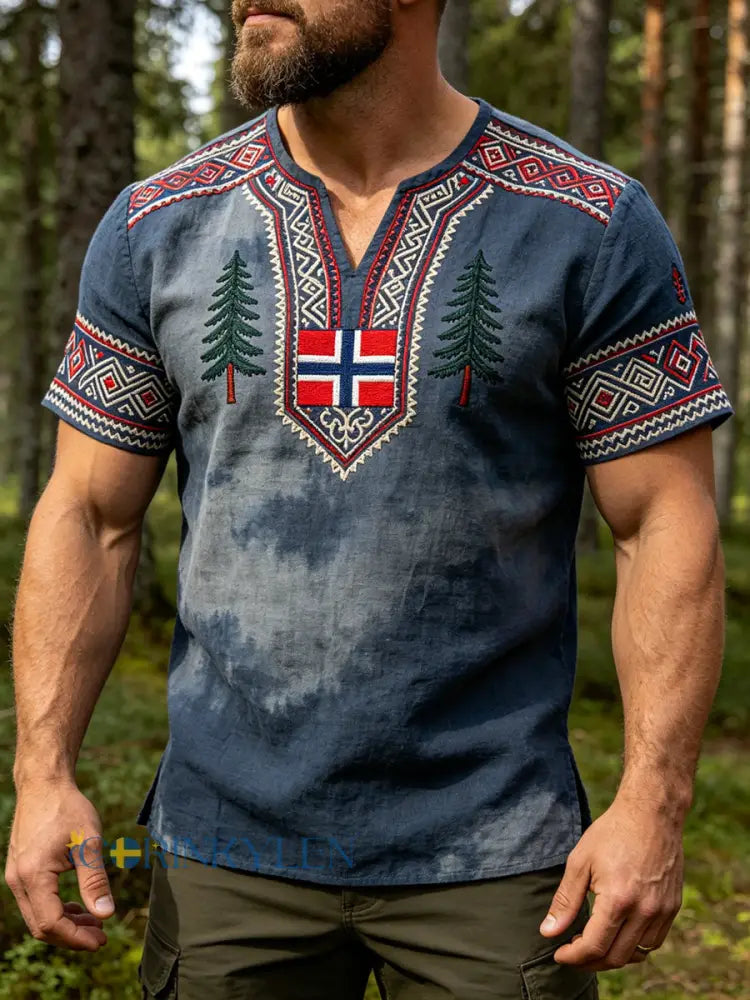 Mäns Vintage norska bomull-Linen Casual T-shirt - som bild / S