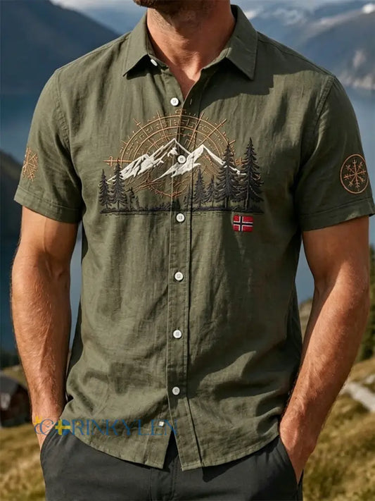 Mäns Vintage norska landskap Print Casual Outdoor skjjorta - som bild / S