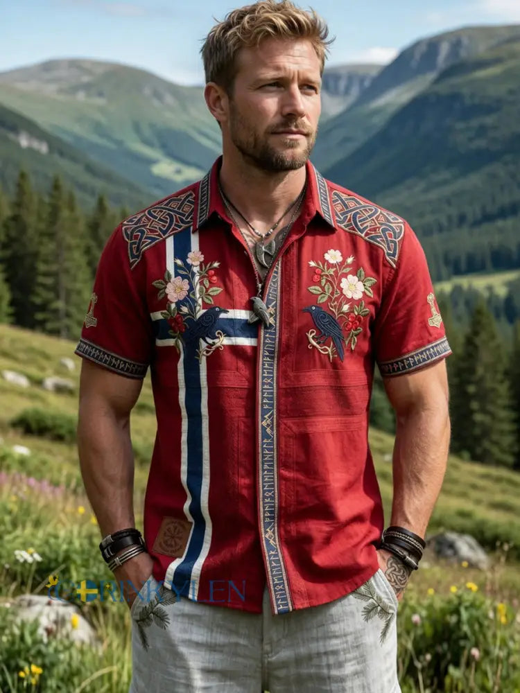 Mäns Vintage Norska-Print bomull-Line Casual skjorta