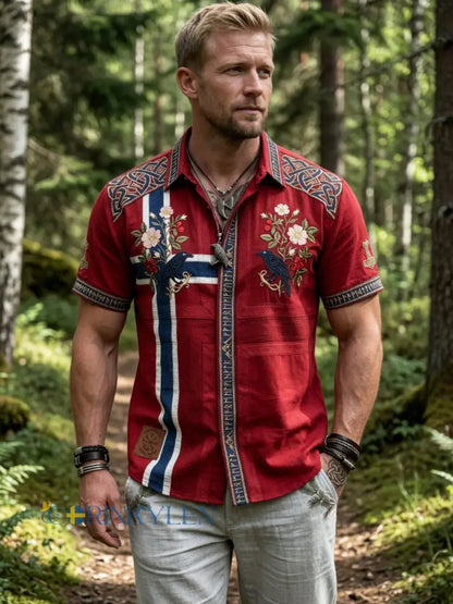 Mäns Vintage Norska-Print bomull-Line Casual skjorta