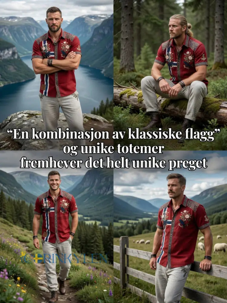 Mäns Vintage Norska-Print bomull-Line Casual skjorta
