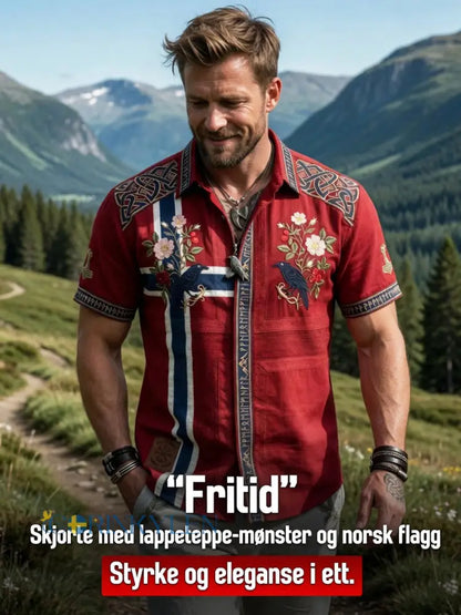 Mäns Vintage Norska-Print bomull-Line Casual skjorta - som bild / S