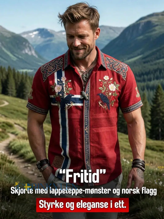 Mäns Vintage Norska-Print bomull-Line Casual skjorta - som bild / S
