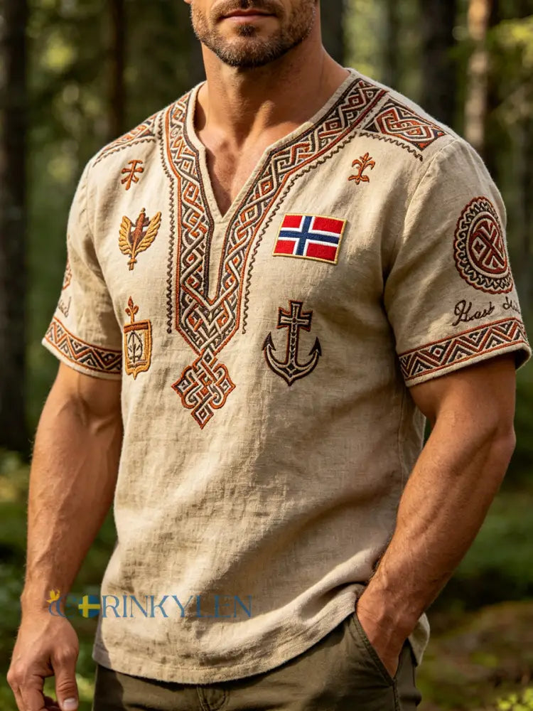 Mäns Vintage Norska-Print bomull-Line Casual T-shirt - som bild / S