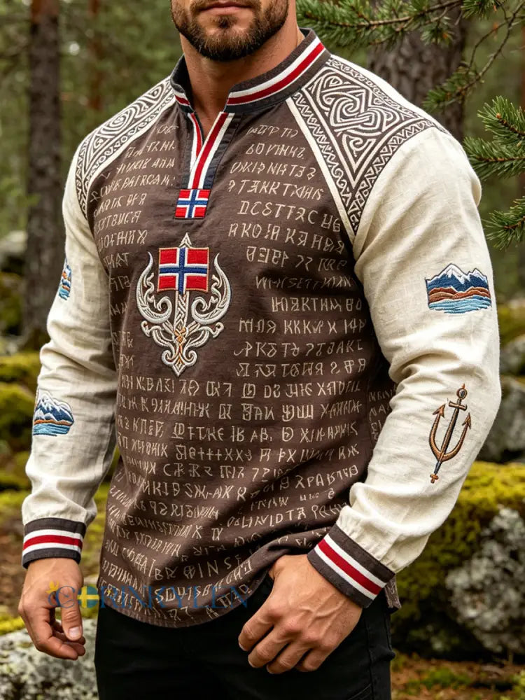 Mäns Vintage Norska-Print Casual V-hals topp - som bild / S