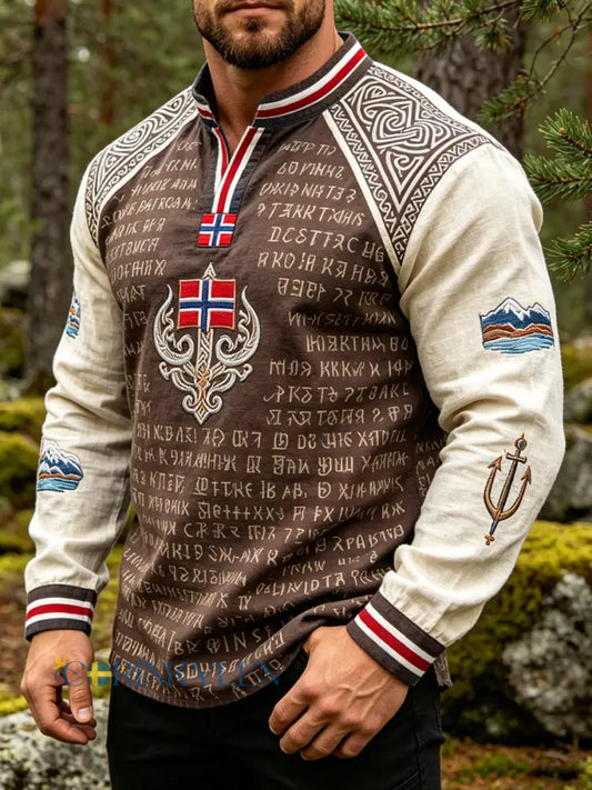 Mäns Vintage Norska-Print Casual V-hals topp - som bild / S