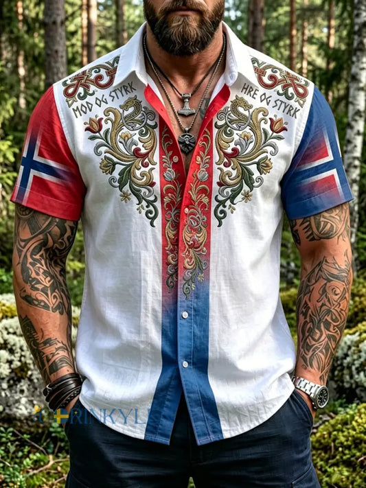 Mäns Vintage Norska-Print Patchwork Casual tröj - som bild / S
