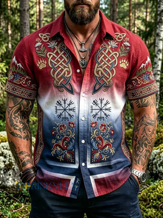 Mäns Vintage Norska-Style Floral Casual Short-Sleeve Skjorta - som bild / S