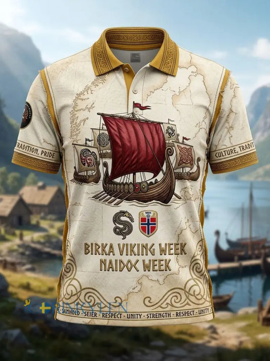 Mäns Vintage Svenska Birka Vikingaveckor Polo T-shirt - Aprikot / S