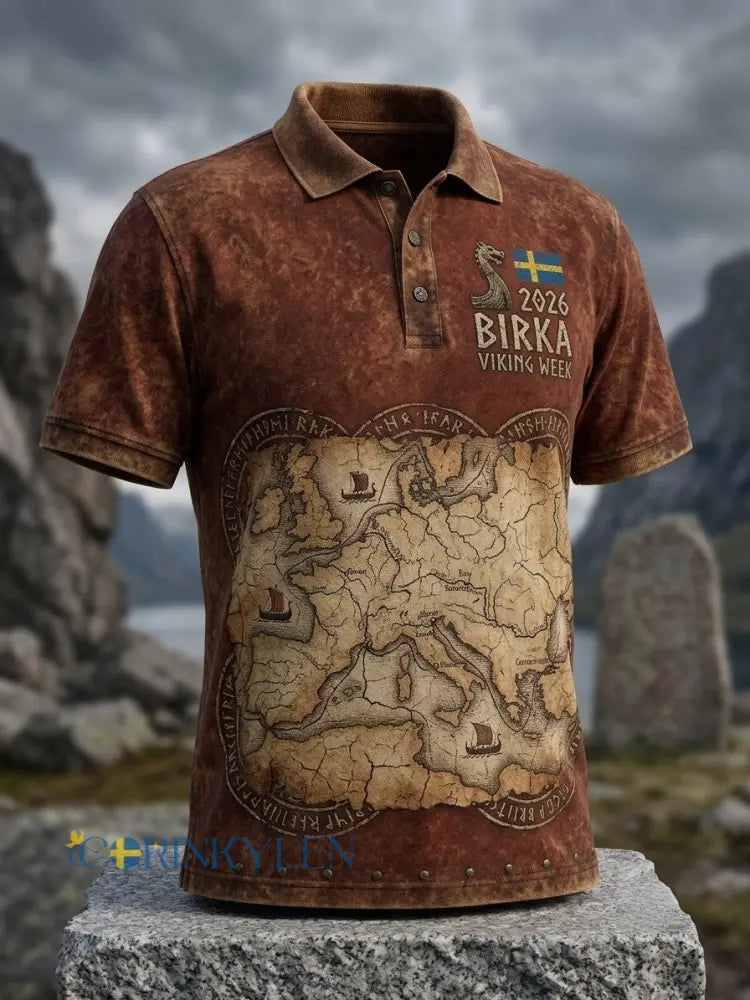 Mäns Vintage Svenska Birka Vikingaveckor Polo tröj - brun / S