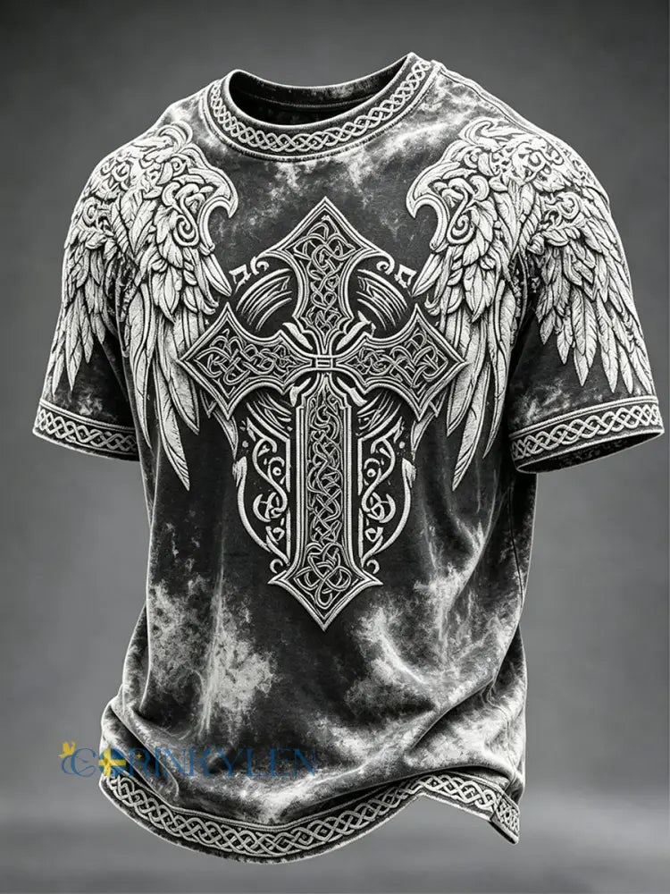 Mäns Vintage Viking Celtic Cross med vingar Skriv ut korta ärmar T-shirt - mörk grå / S