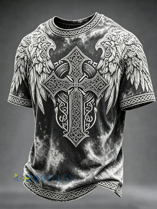 Mäns Vintage Viking Celtic Cross med vingar Skriv ut korta ärmar T-shirt - mörk grå / S