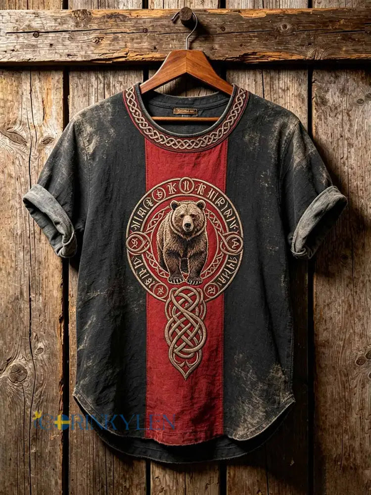 Mäns Vintage Viking Celtic Knop Björn mönster tryckt T-shirt - som bild / S