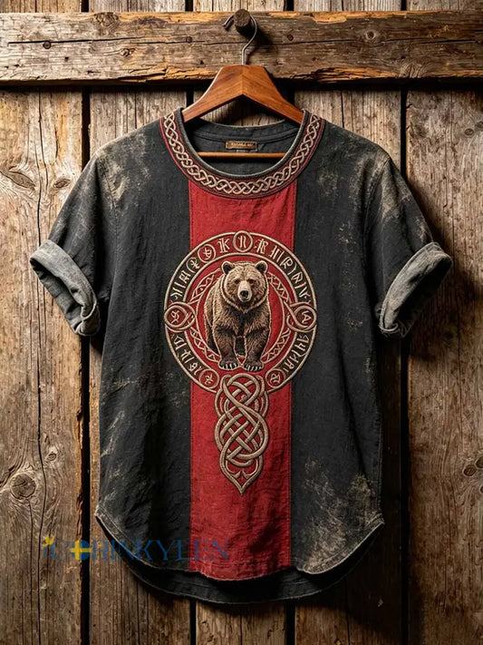 Mäns Vintage Viking Celtic Knop Björn mönster tryckt T-shirt - som bild / S