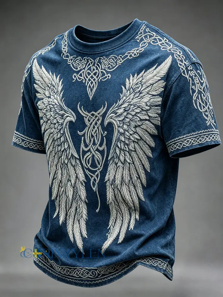 Mäns Vintage Viking Celtic Knop med WIngs Skriv ut korta ärmar T-shirt - blå / S