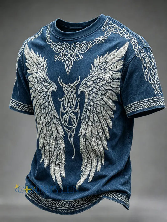 Mäns Vintage Viking Celtic Knop med WIngs Skriv ut korta ärmar T-shirt - blå / S
