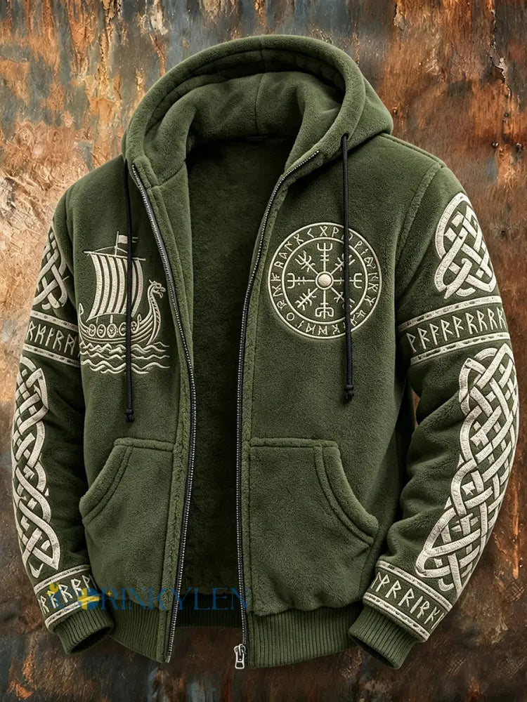 Mäns Vintage Viking Celtic Knop Skriv ut full Zip Flannel Hoodie Flannel - mörk gröna / S