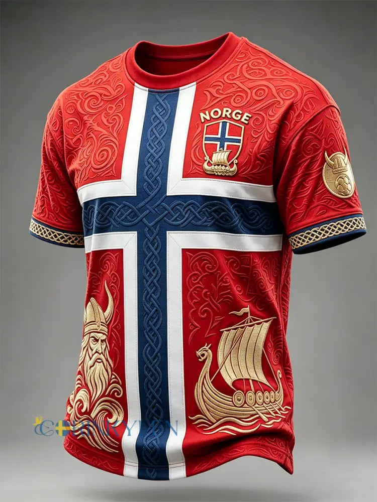Mäns Vintage Viking Celtic Print Norge Fotboll Inspirerade korta ärmar T-shirt - röd / S