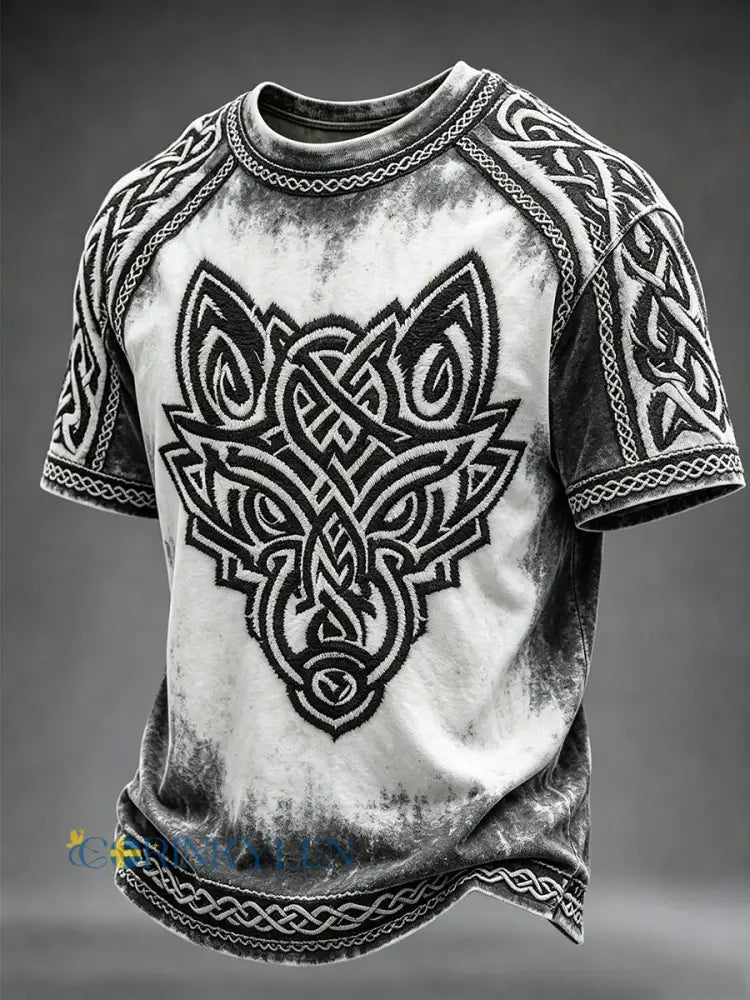 Mäns Vintage Viking Celtic Wolf Art Print Korta ärmar T-shirt - mörk grå / S