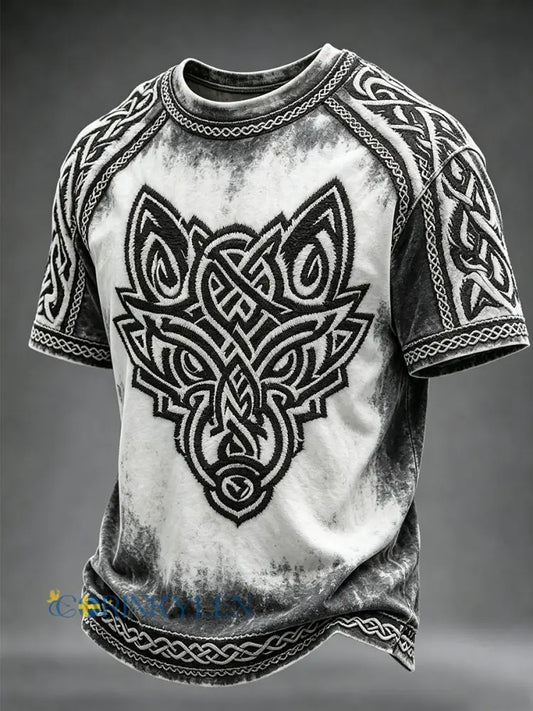 Mäns Vintage Viking Celtic Wolf Art Print Korta ärmar T-shirt - mörk grå / S