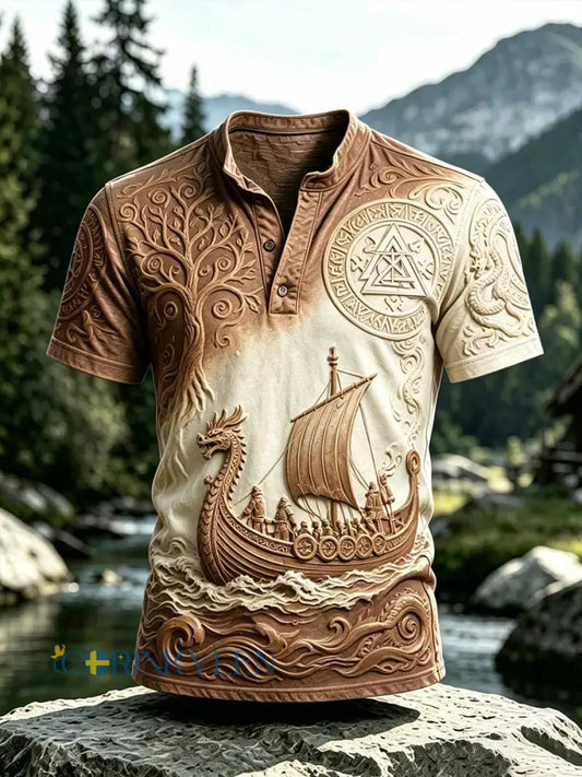 Mäns Vintage Viking Dragon Ship Skriv ut Casual T-shirt - som bild / S