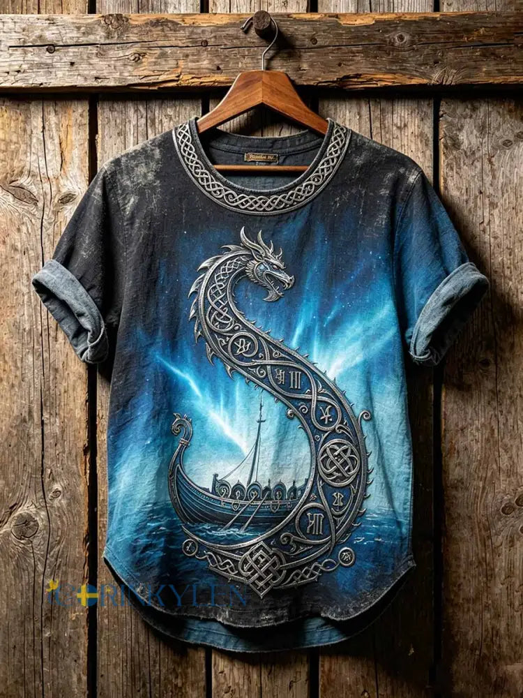 Mäns Vintage Viking drake skepp mönster tryckt T-shirt - som bild / S