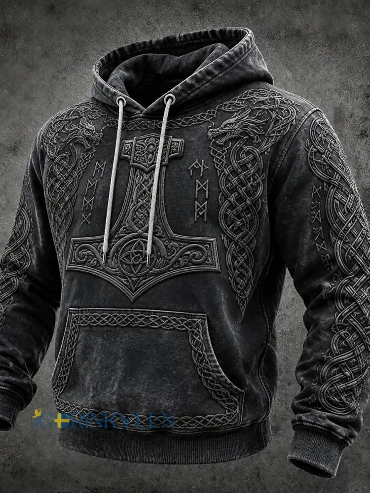 Mäns Vintage Viking inspirerad keltiska tryck Vintage Mysig Hoodie Vintage Vikinge - mörk grå / S