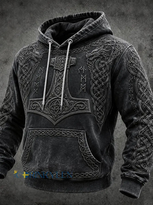 Mäns Vintage Viking inspirerad keltiska tryck Vintage Mysig Hoodie Vintage Vikinge - mörk grå / S