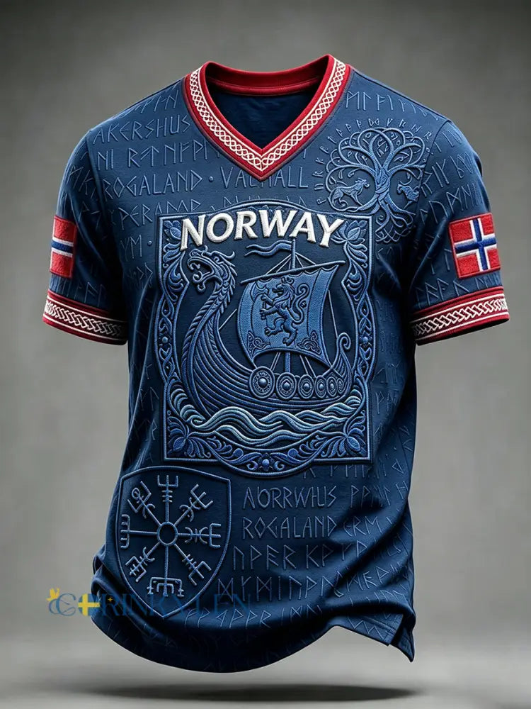 Mäns Vintage Viking Inspirerad konst Norge Flag Print V-hals T-shirt - djupblåa / S