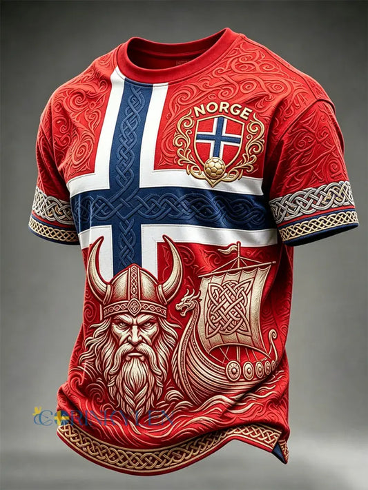 Mäns Vintage Viking Inspirerad Skriv Norge Fotboll fläkt korta ärmar T-shirt - röd / S