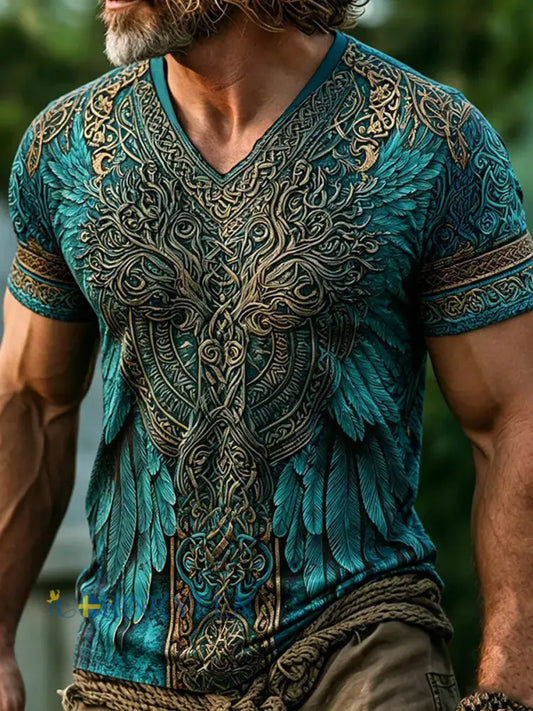 Mäns Vintage Viking träd av livet med vingar Print V-hals T-shirt - blå / S