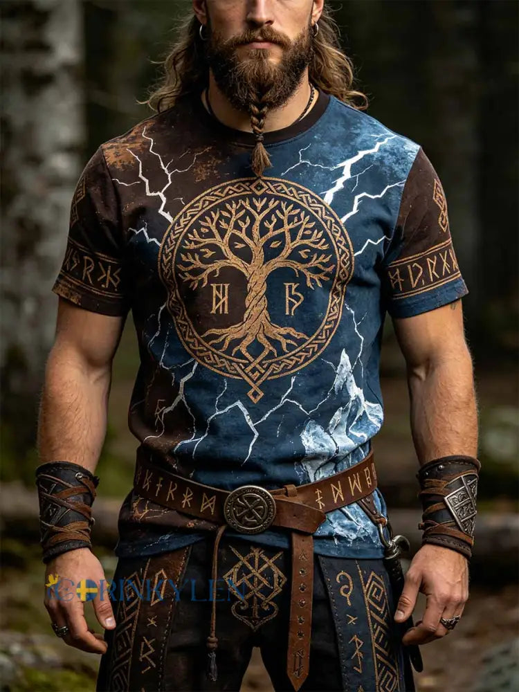 Mäns Vintage Viking träd av livet Print T-shirt - som bild / S