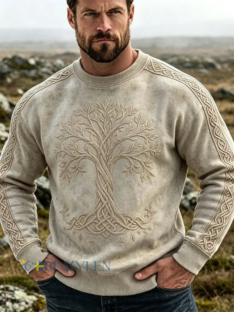 Mäns Vintage Viking träd liv keltisk tryck besättning nack Sweatshirt - ljuskaki / S
