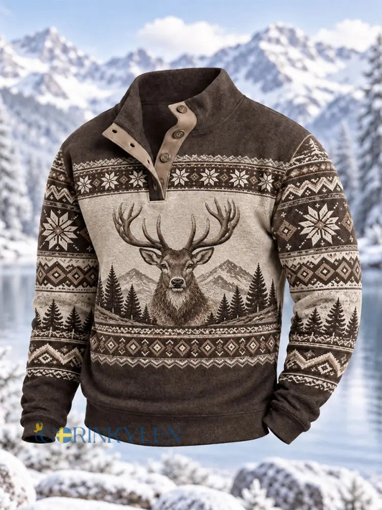 Mäns vinterhjort Print Casual Hoodie Print - som bild / S
