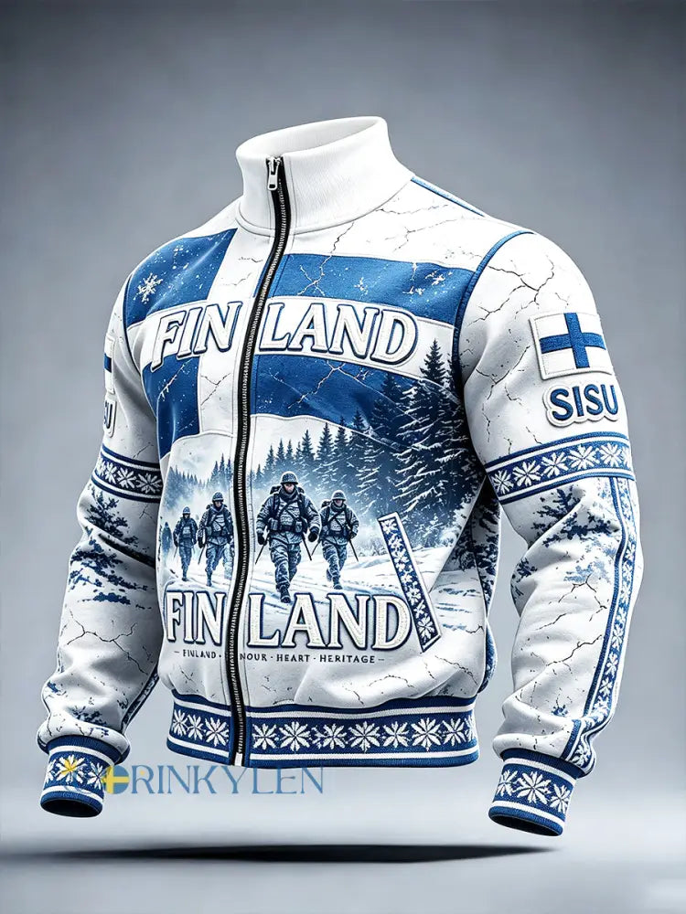 Mäns vit Vintage Finska soldat ’Sisu Spirit’ Skriv ut Casual Zip-Up Jacka - vitt / S