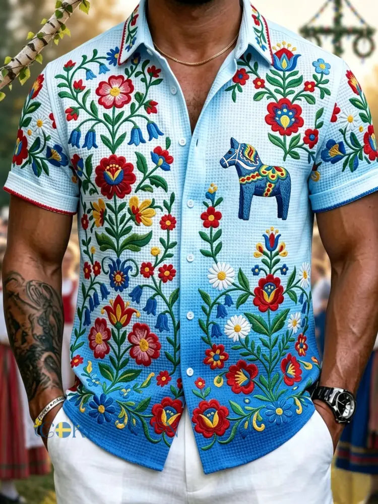 Mans retro svensk midsommar folkblommig våffeltröja - blå / S