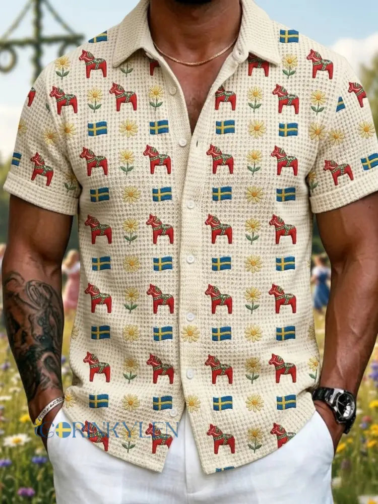 Mans retro svensk midsommar folkblommig waffeltröja med korta ärmar - Aprikot / S