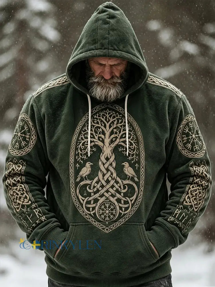 Mans retro vikingkeltiskt mönsterdesign avslappnad flanellhuvtröja - grönt / S