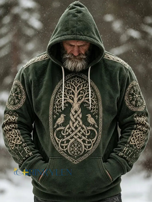 Mans retro vikingkeltiskt mönsterdesign avslappnad flanellhuvtröja - grönt / S