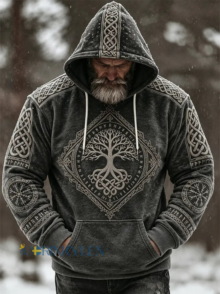 Mans retro vikingkeltiskt mönsterdesign avslappnad flanellhuvtröja - mörk grå / S