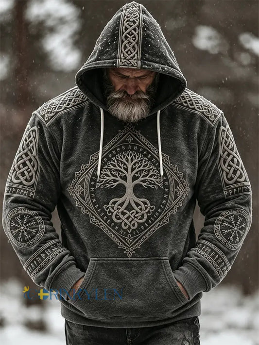 Mans retro vikingkeltiskt mönsterdesign avslappnad flanellhuvtröja - mörk grå / S