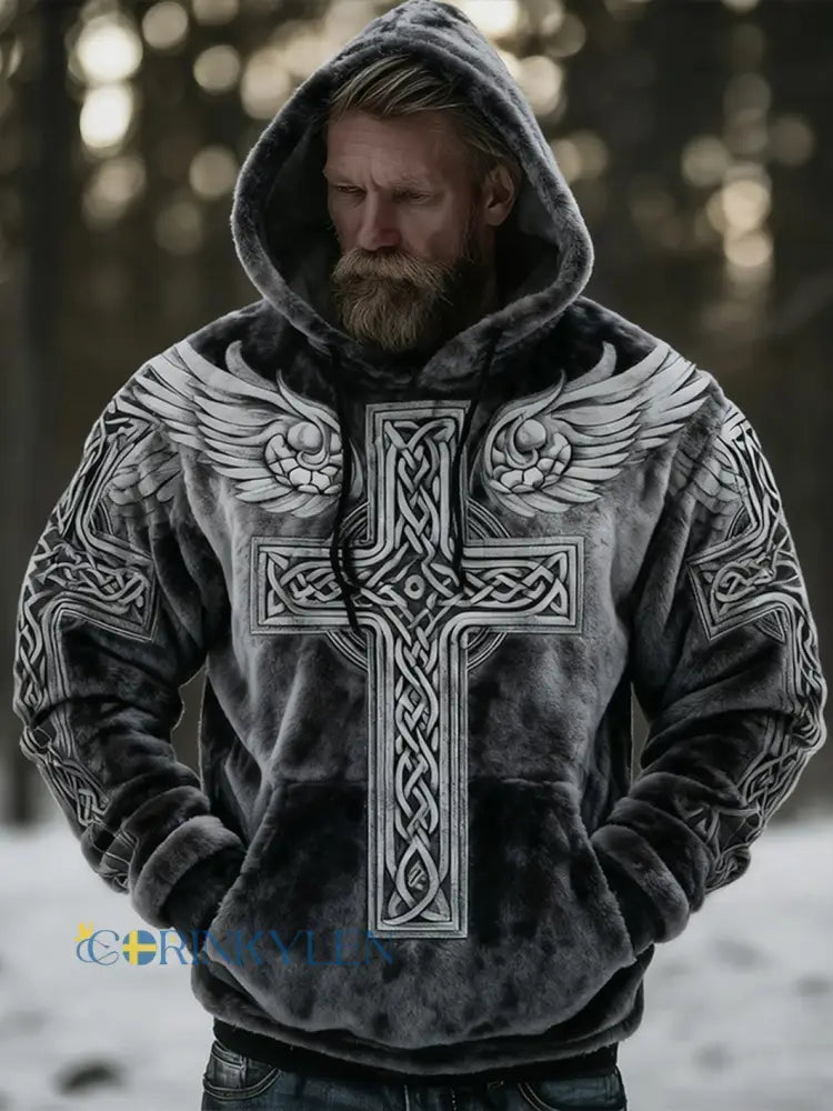 Mans retro vikingkeltiskt mönsterdesign avslappnad flanellhuvtröja - svart / S